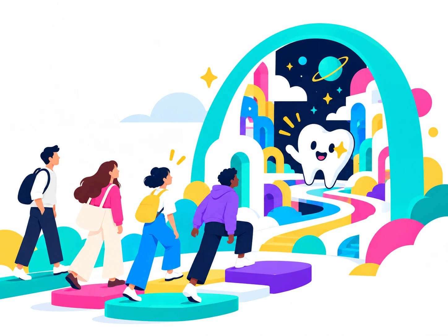 DentalGOの歯のキャラクターが案内するカラフルな世界へ、若い大人たちがそれぞれのペースで向かうイラスト