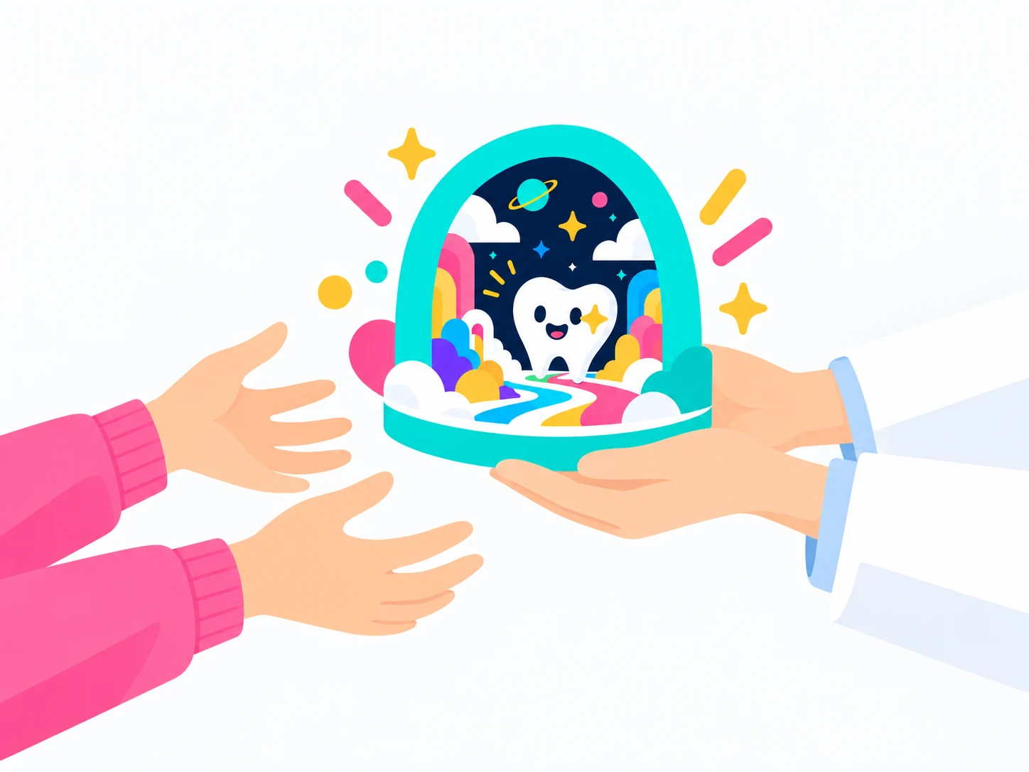 専門家の手から使う人の手へ、歯のキャラクターや色鮮やかな世界が広がるDentalGOの入口を差し出すイラスト。